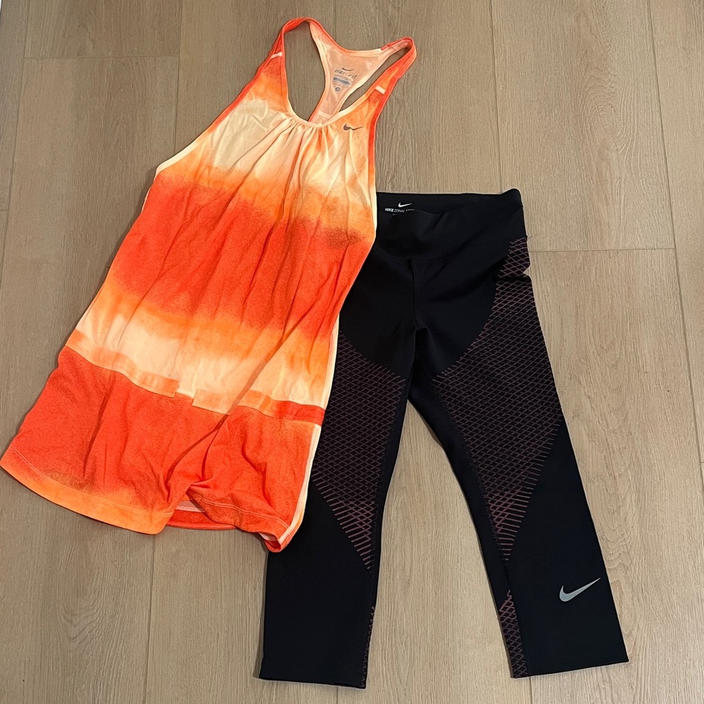 NWOT Nike Orange Ombre Tank + Black Capri Leggings Set